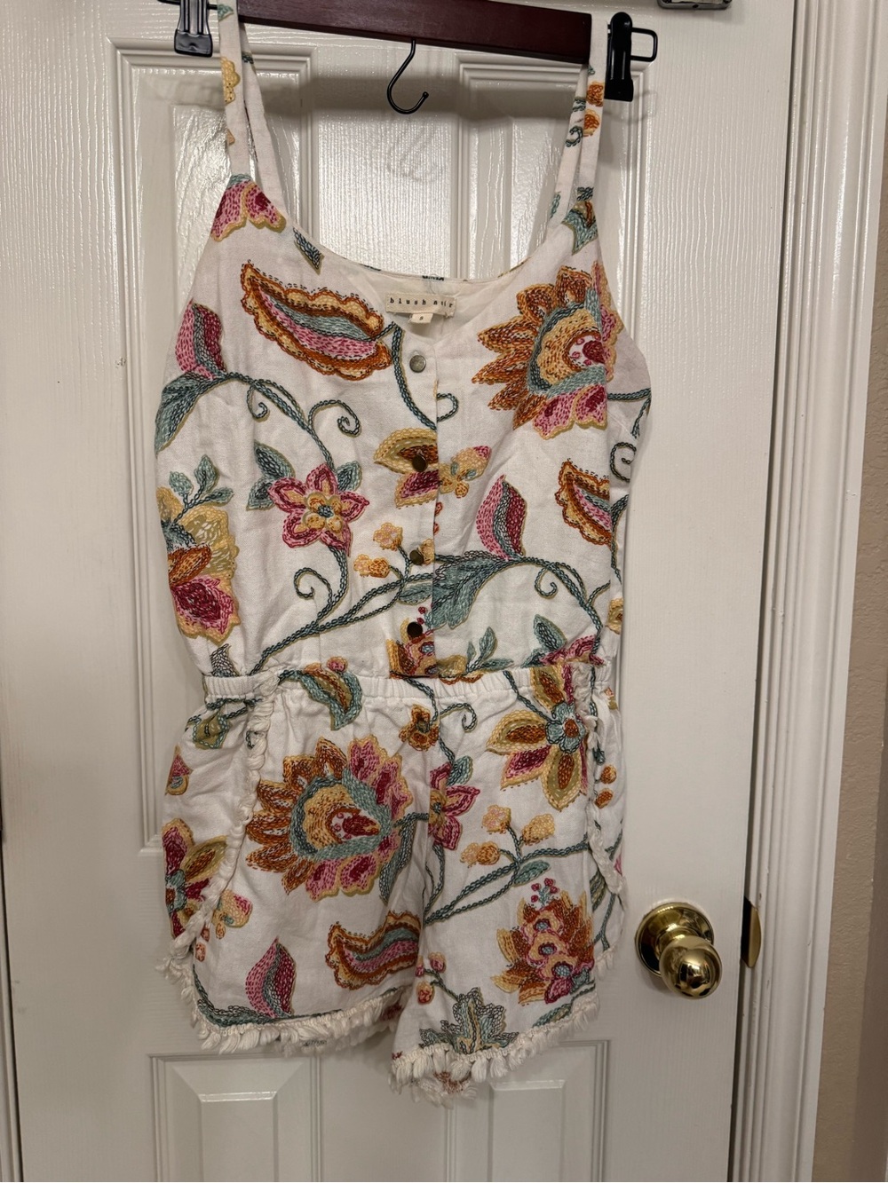 Blush White Floral Embroidered Romper with Multicolor Flowers